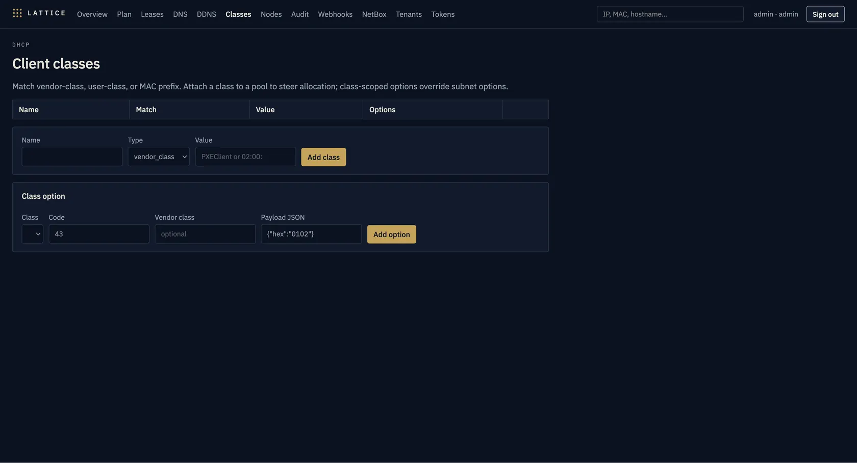 Client classes screen