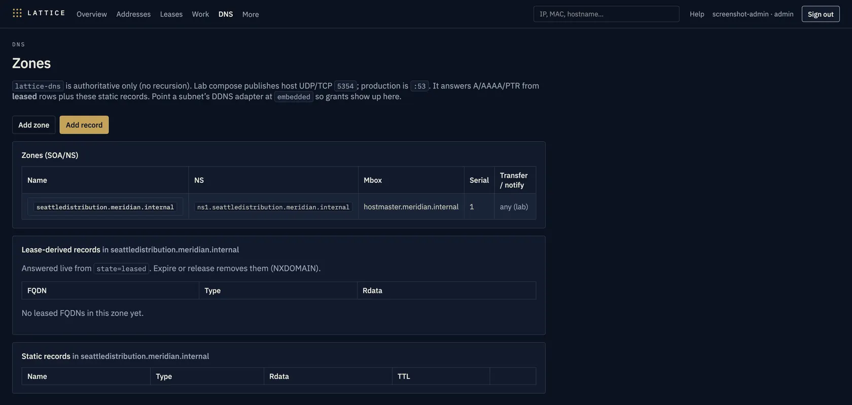 lattice-dns zone seattledistribution.meridian.internal — lease-derived and static records