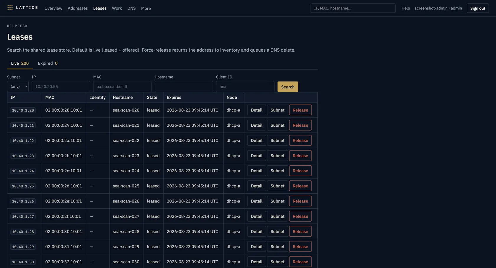 Leases: 200 live, filters, Release on each row