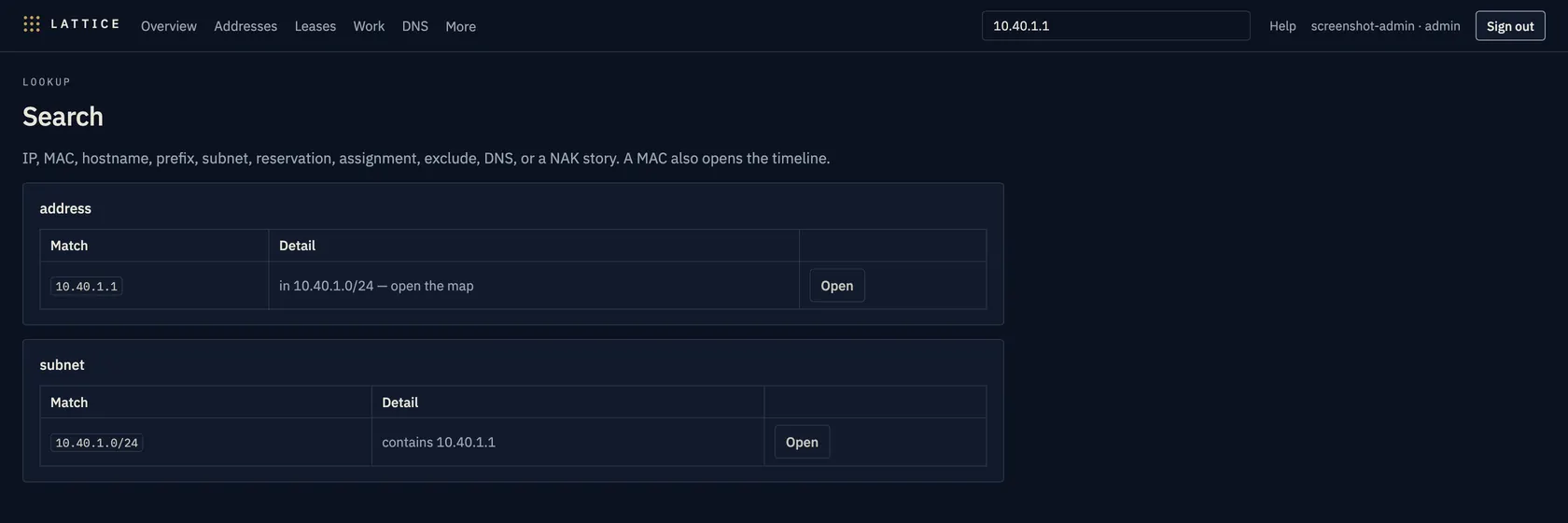 Search 10.40.1.1: address opens the map, subnet contains that IP