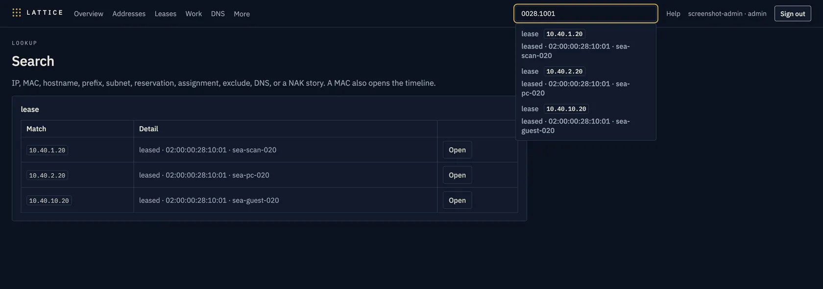 Console search for Cisco suffix 0028.1001 hitting three live leases across sea-scan, sea-pc, and sea-guest.