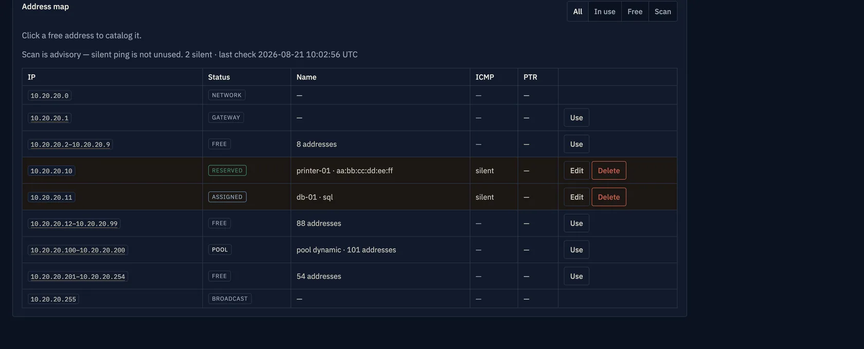 Subnet address map with reservation 10.20.20.10 printer-01.